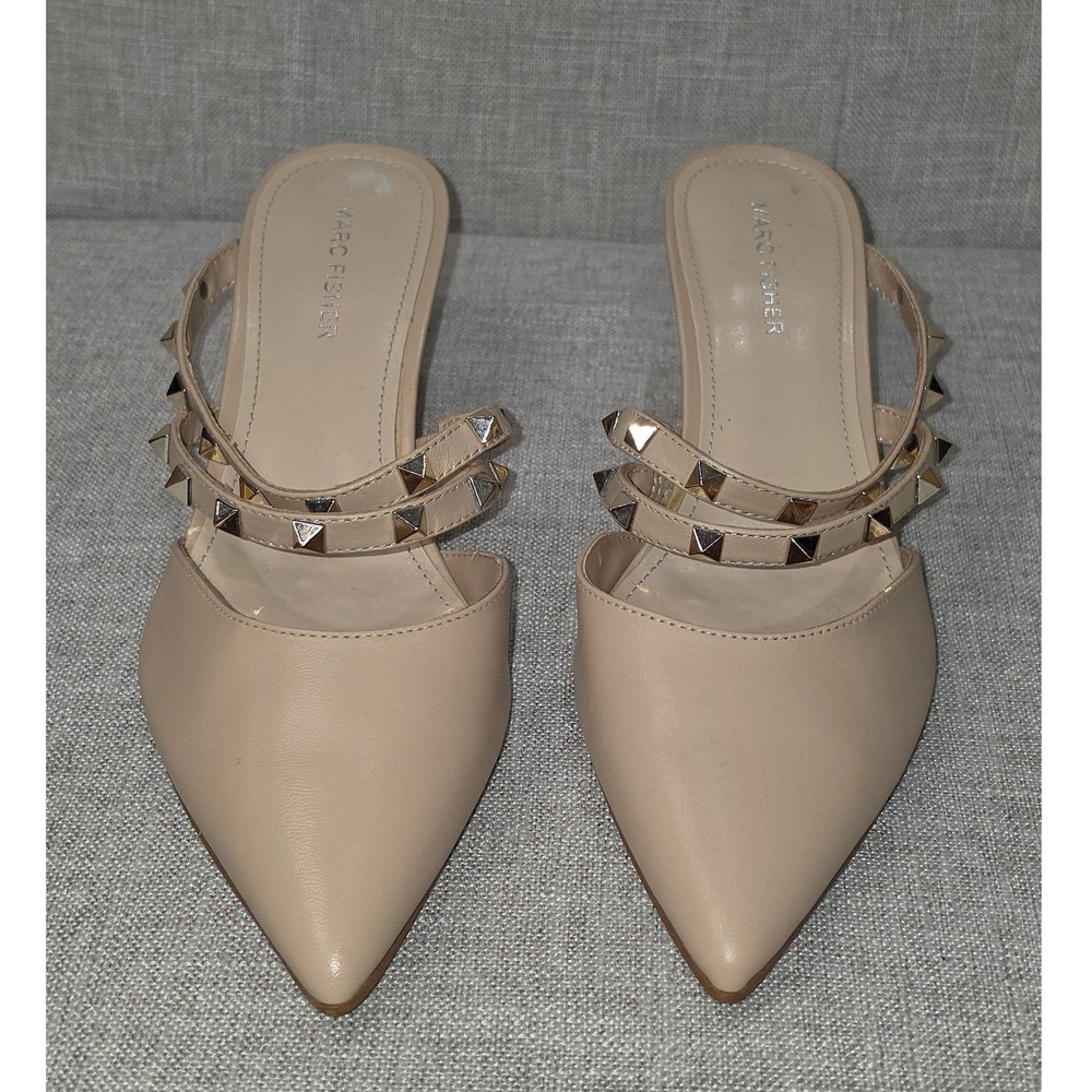 Beige Studded Triple Strap Pointed Toe Kitten Heel Marc Fisher Mules 9M